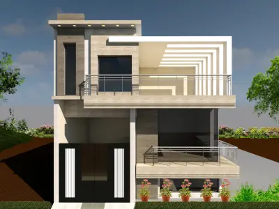 Residence modern house with car parked in front 3D model