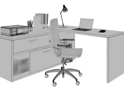 Office desk with computer and decors 3D model