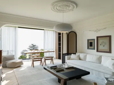 Cream Vintage Living Room 3D Interior Scene 3D model