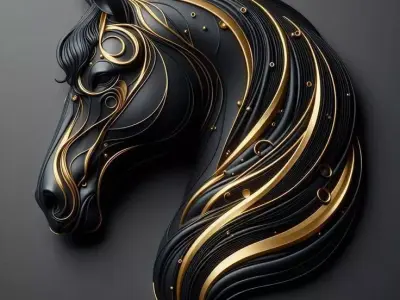 Luxury Horse Head 3D Model Gold Swirls Black Sculptural Design Low-poly 3D model