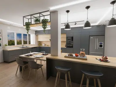 Modern kitchen in anthracite gray and aok wood 3D model