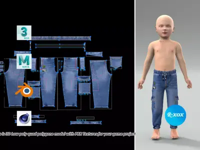 Kids Denim Jeans Pant Low-poly PBR game AR VR Low-poly 3D model