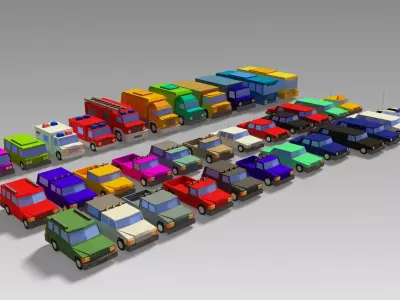Car Set different colored trucks Low-poly 3D model