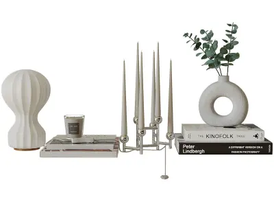 Decorative set 8 candle holder with books and plants 3D model