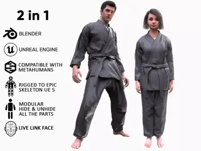 Womens and Mens Martial Uniforms - Modular - Rigged 3D Model Collection