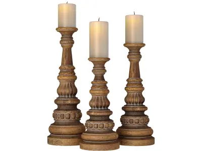 Rustic Wooden Carved Classic Distressed Candle Holders 3D model