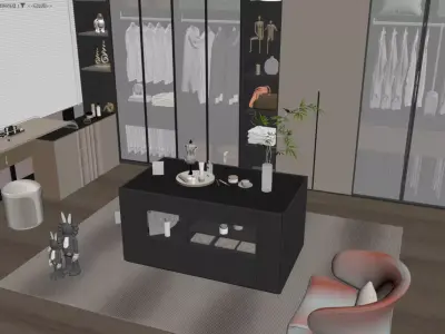 Modern Luxury Walk-In Closet with Integrated Vanity and Seating 3D model
