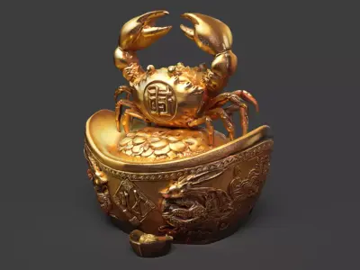 Chinese gold ingot with crab Low-poly 3D model