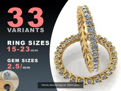 Eternity diamond rings 2i0  2i5  3i0 mm gems set 3D Model Pack