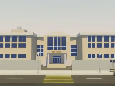 Low poly School building with soccer field Low-poly 3D model