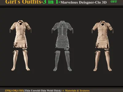 3 in 1 Girls Outfits- MD-Clo3d -OBJ - FBX -Materials-OFF 3D model