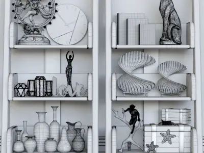 Set-170 wooden ladder shelf with clock and vases 3D model