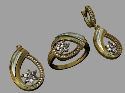 gold set ring and earrings with diamonds 3D print model