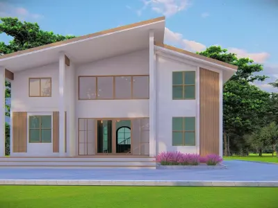 Contemporary Modern House Exterior 3D Model with Sloped Roof 3D model
