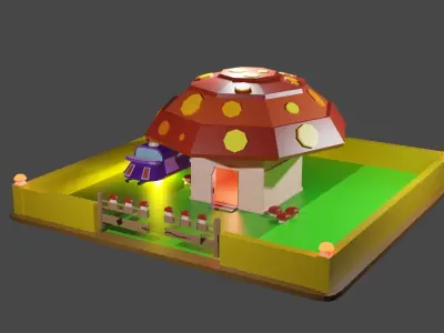 Cube mushroom future house with floating car  Free low-poly 3D model