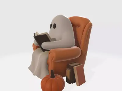 Cozy Ghost Reading in Chair with Pumpkin Cute Halloween  3D print model