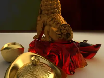 Chinese gold ingot with lion status 3D model