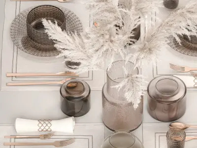 Table setting with a bouquet of white pampas grass 18 3D model