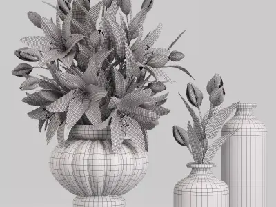 Lily Bouquet with Amber Glass Vases 3D model