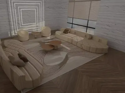 Modern Living Room Interior with Curved Sofas and Coffee Tables 3D model