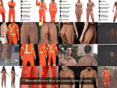 Mens and Womens Miner and Overalls Outfits 3D Model Collection