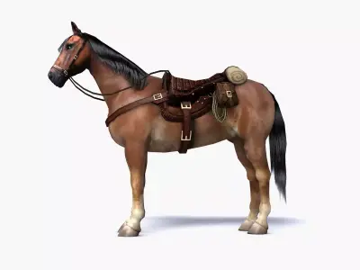 Brown horse with saddle and packs Low-poly 3D model