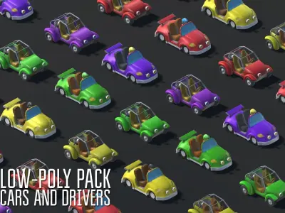 Low-Poly pack cars and drivers Low-poly 3D model