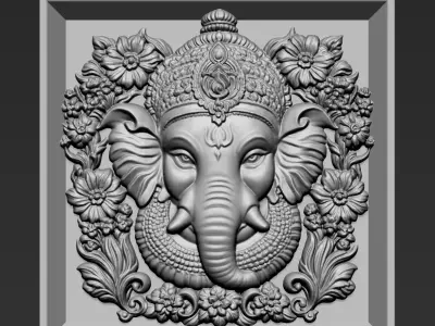 Ganesha Head with Flowers Background A6 3D print model