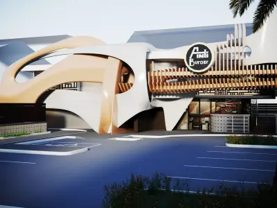 Restaurant futuristic building with palm trees 3D model