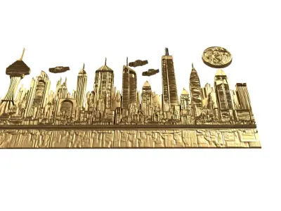   Futuristic Cityscape Printable Relief wall panel decor set 04 3D print model