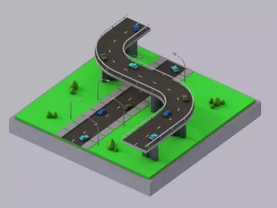 Highway Road and Bridge with Cars Low-poly 3D model