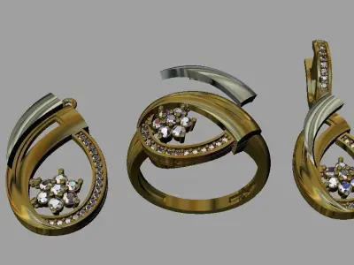 gold set ring and earrings with diamonds 3D print model
