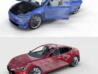 Tesla Model 3 and Model S with interior and chassis Pack 3D model