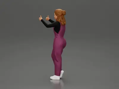 Smiling girl in overalls showing a thumbs up with both hands 3D print model