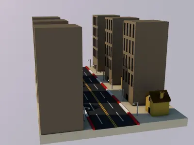lowpoly city with tall buildings and street Low-poly 3D model