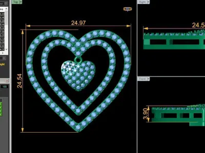 Two Row Heart Diamond Pendent 3d Model and Render  3D print model