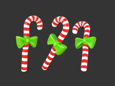 Candy Cane 01 with Bow 3D Model Christmas Decor Low Poly  Low-poly 3D model