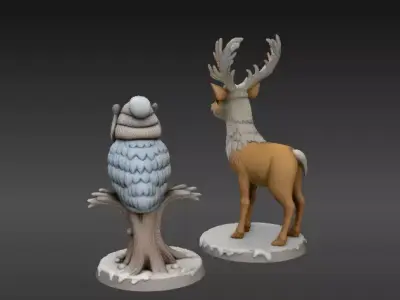 Deer Owl 3D Printable Figurines Winter Animal 3D Printable Low-poly 3D model