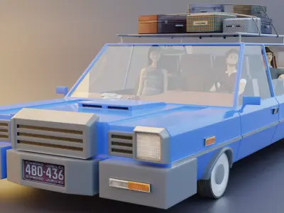 Low Poly cartoon car with 3 rigged characters 3D model