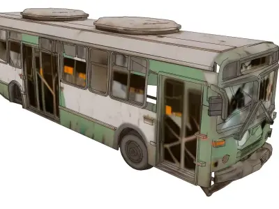 Derelict transit bus amid debris 3D model