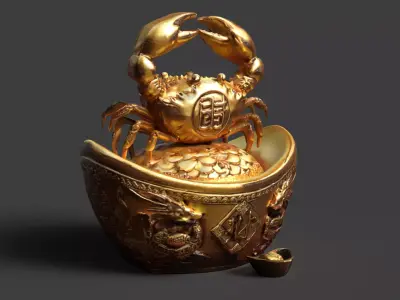 Chinese gold ingot with crab Low-poly 3D model