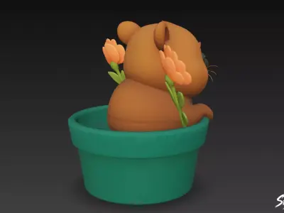 Beaver in Flower Pot Low-poly 3D model