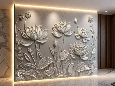 Lotus flowers wall art set relief STL panel carving CNC 259 3D model
