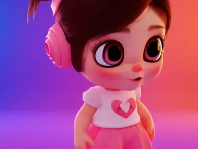 Charming Cartoon Girl Adorable 3D Character Pink Playful Outfit Low-poly 3D model