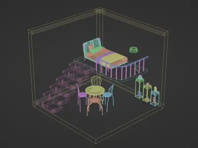 Isometric Interior Stairs Bedroom Dining Low-poly 3D model
