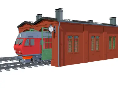 Railway depot with diesel locomotive 3D model