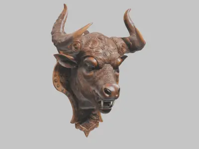 Carved Wooden Bull Head Wall Mount Low-poly 3D model