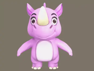 Rigged Pink Cute Playful Rhino Low-poly 3D model