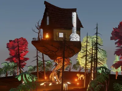 3D Rain Forest Scene Animated With Animals And Haunted Hut Low-poly 3D model