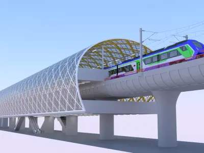Elevated station with Hitachi HTR 412 3D model